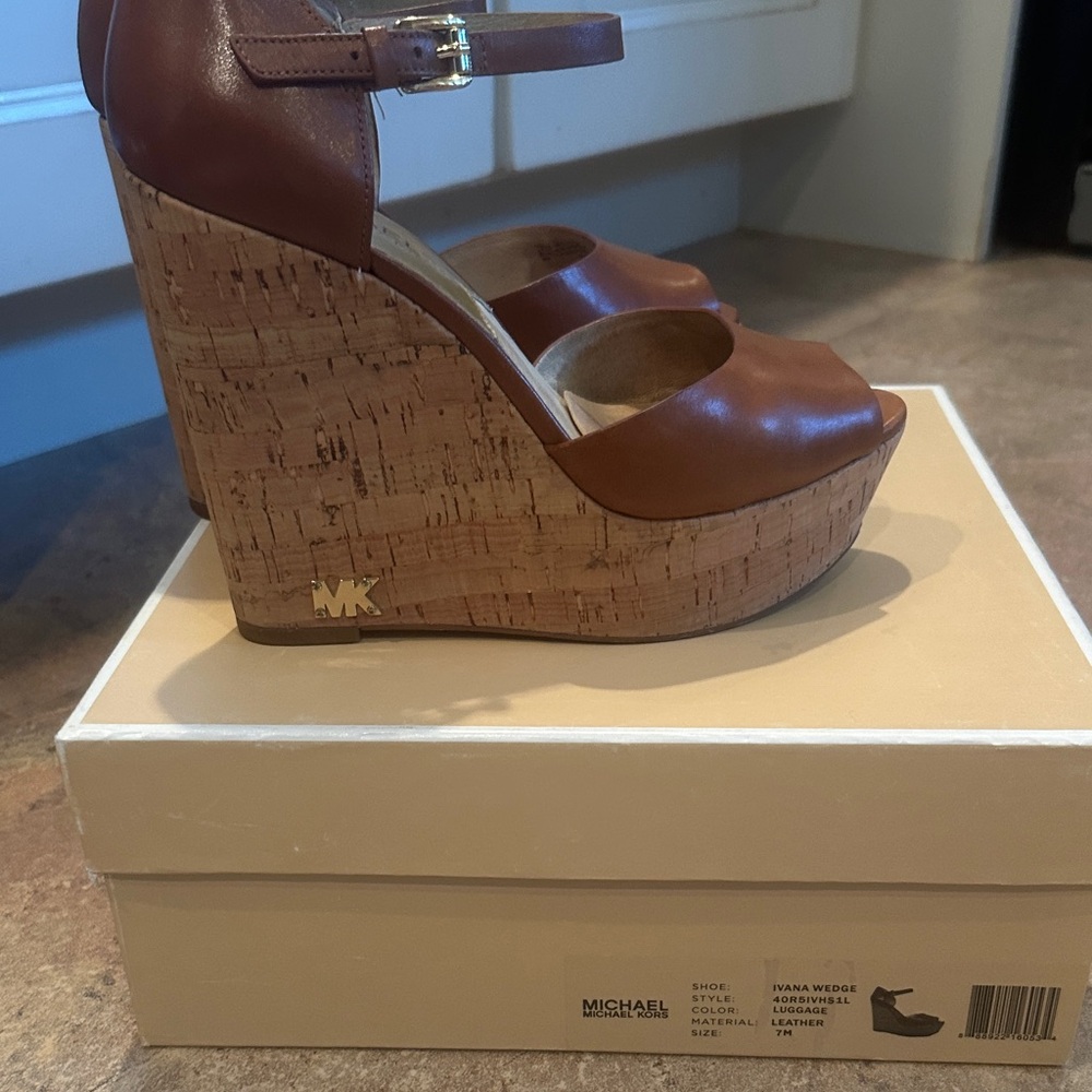 Michael Kors Tan Leather Wedge Sandals